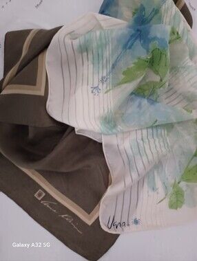 Vintage Scarf Duo: Anne Klein Olive Square & Vera Neumann Floral Art- 100% Silk